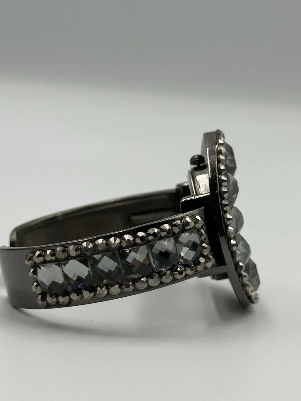 Cannes Rhinestone Watch Women Gunmetal Hinged Cuff Band New Battery 6.5